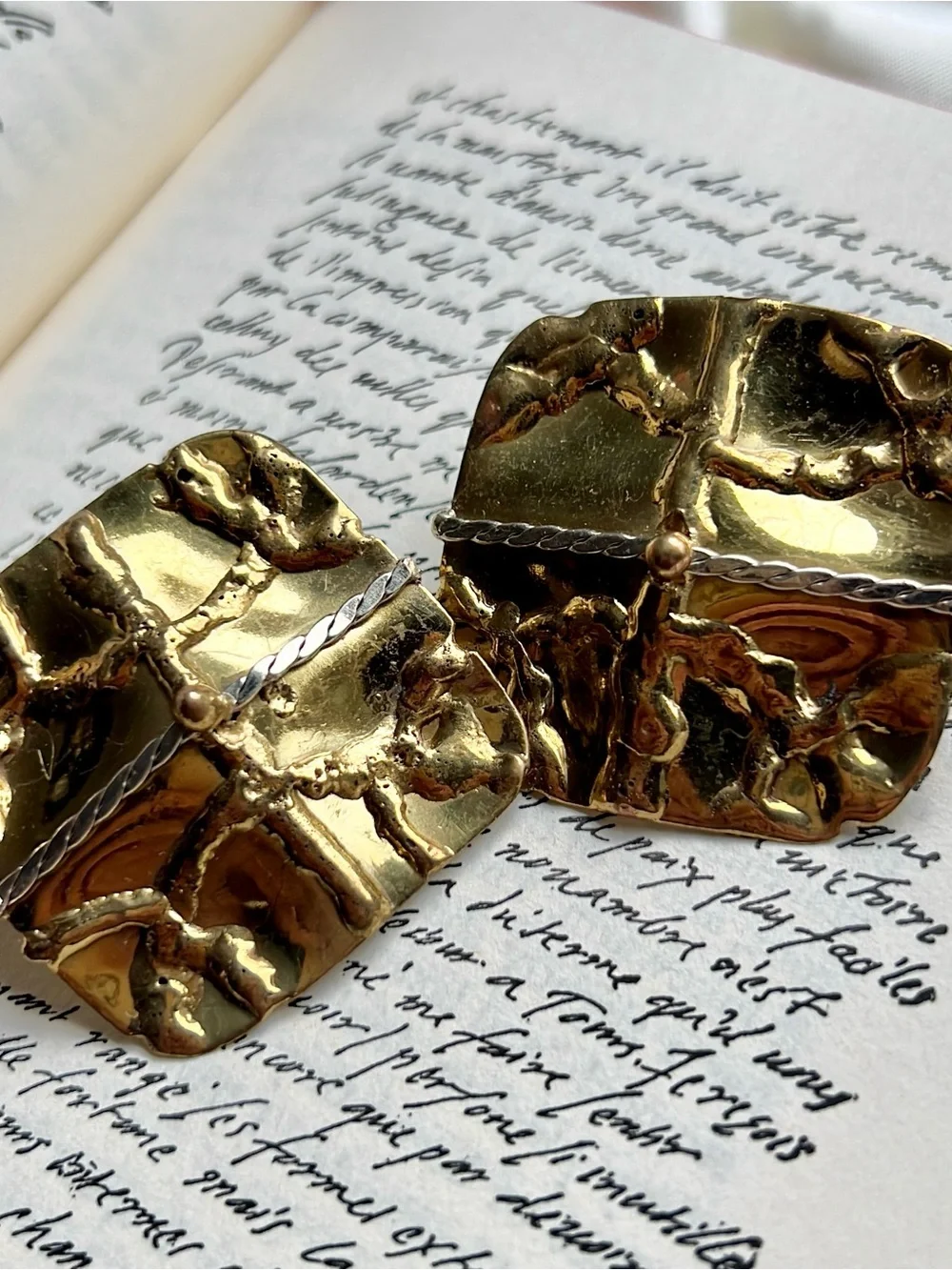 Vintage Luciani Gold Plated Textured Silvertone accents Statement square Earring